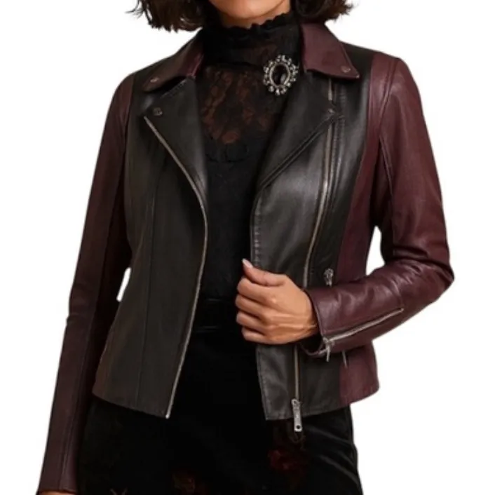 EUC Vince Lambskin Leather Two Tone Moto Jacket Black Burgundy Medium - Image 2