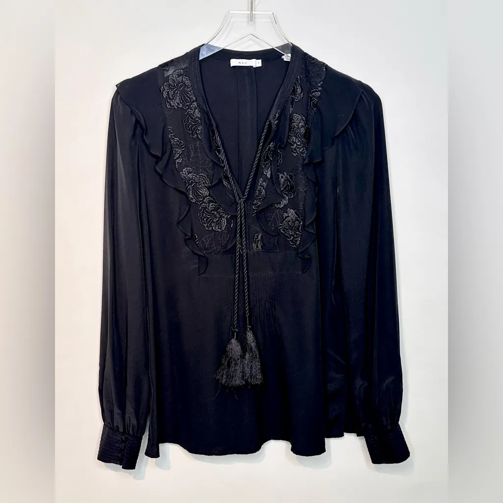 A.L.C. Women’s Blyth Black Silk Floral Embroidered Boho Peasant Top Blouse Shirt - Image 13