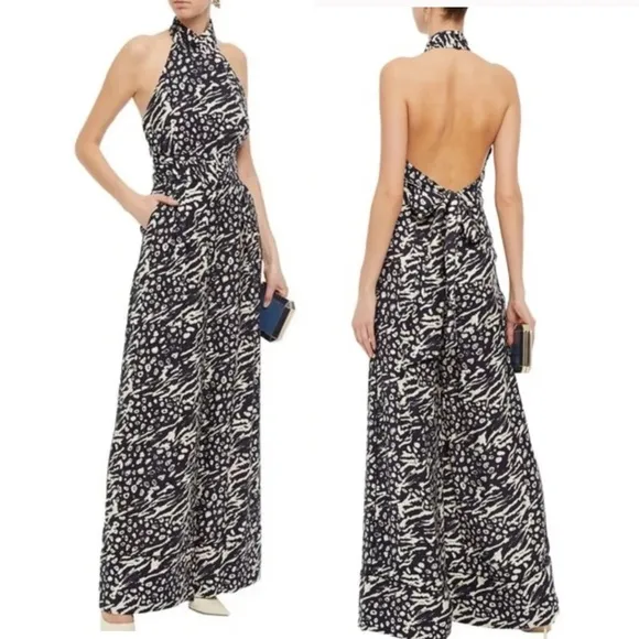 REBECCA VALLANCE Lola belted printed crepe halterneck jumpsuit sz US 8 Black - Image 2