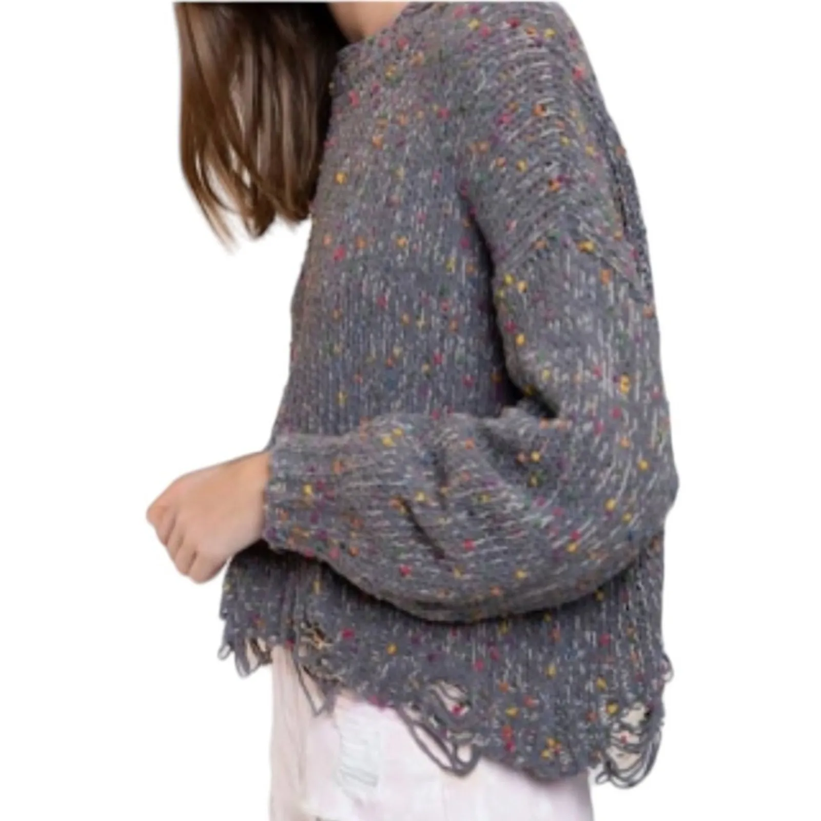 POL Distressed Sweater Small | Gray Ripped Sweater with Rainbow Confetti Detail - Image 2