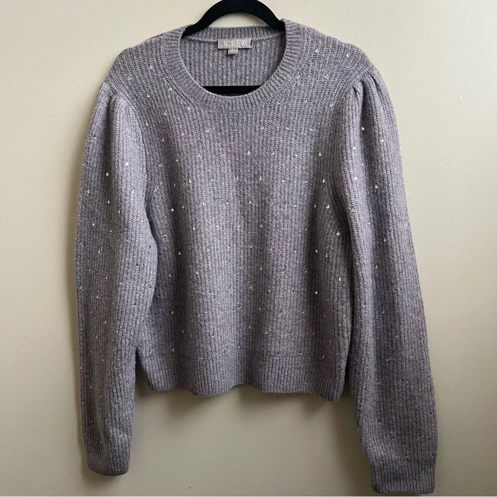 J.Crew Puff-sleeve rhinestone sweater in Supersoft yarn lilac gray Size XL - Image 2