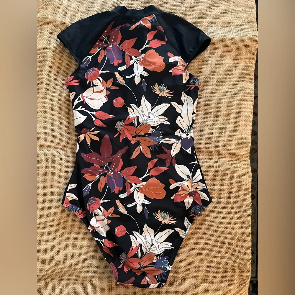 Black Mauve Crm Floral One Piece Swimsuit zip front full coverage summer beach Size 4 - Image 9