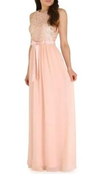 Belle Badgley Mischka Pink Sequined Chiffon Tie Waist Maxi Formal Gown Size 4 - Image 1