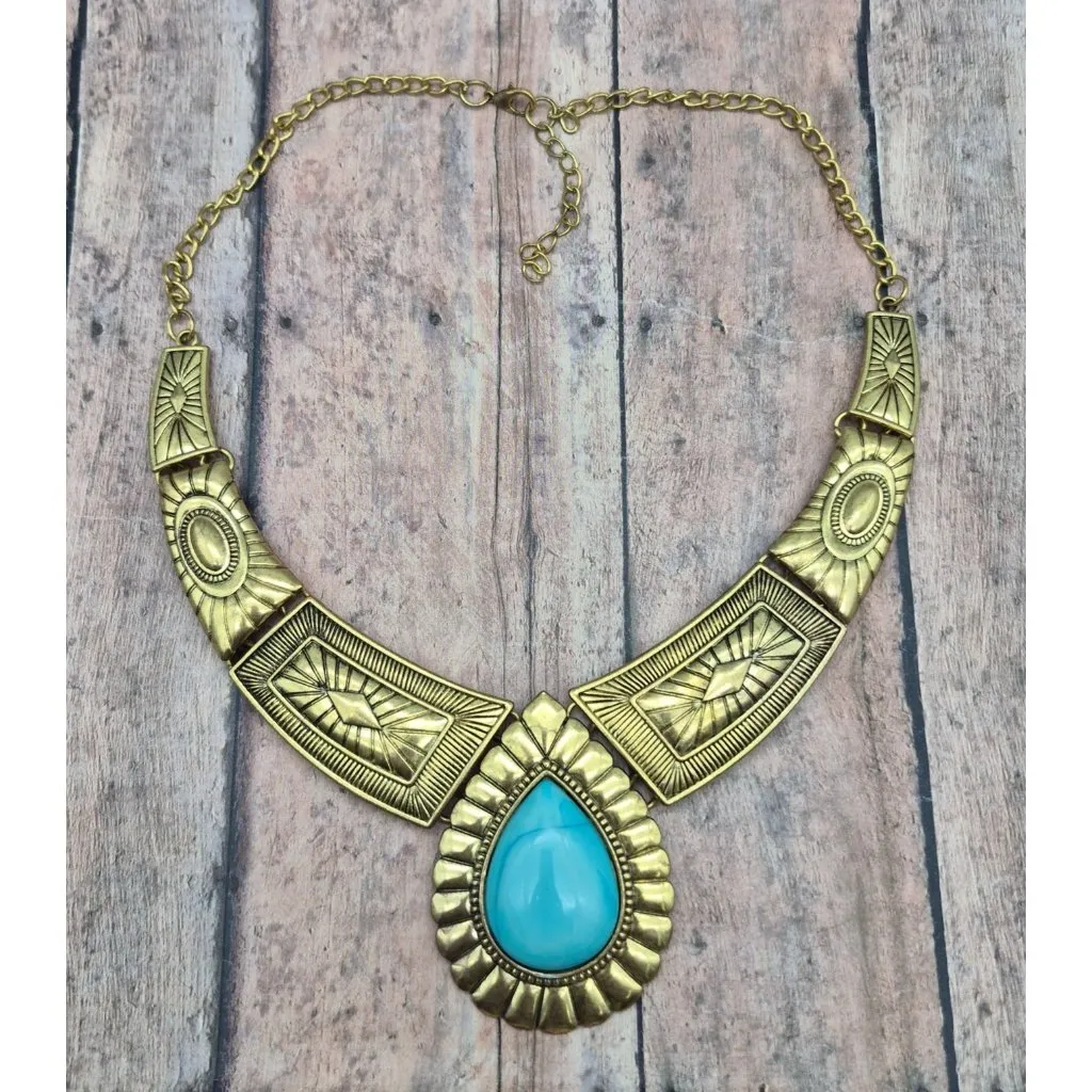 NWOT Gold Tone & Faux Turquoise Teardrop Bib Collar Necklace Southwestern 22" - Image 10
