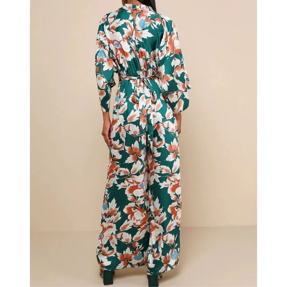 Lulus Teal Floral Maxi Dress Size M – Kimono Sleeve Tie Back Boho Wedding Guest - Image 2