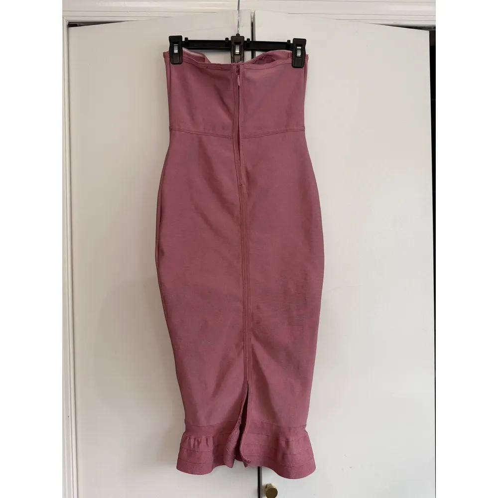 PRETTYLITTLETHING Pink‎ Strapless Bodycon Midi Dress Ruffle Hem Fishtail Size 6 - Image 5