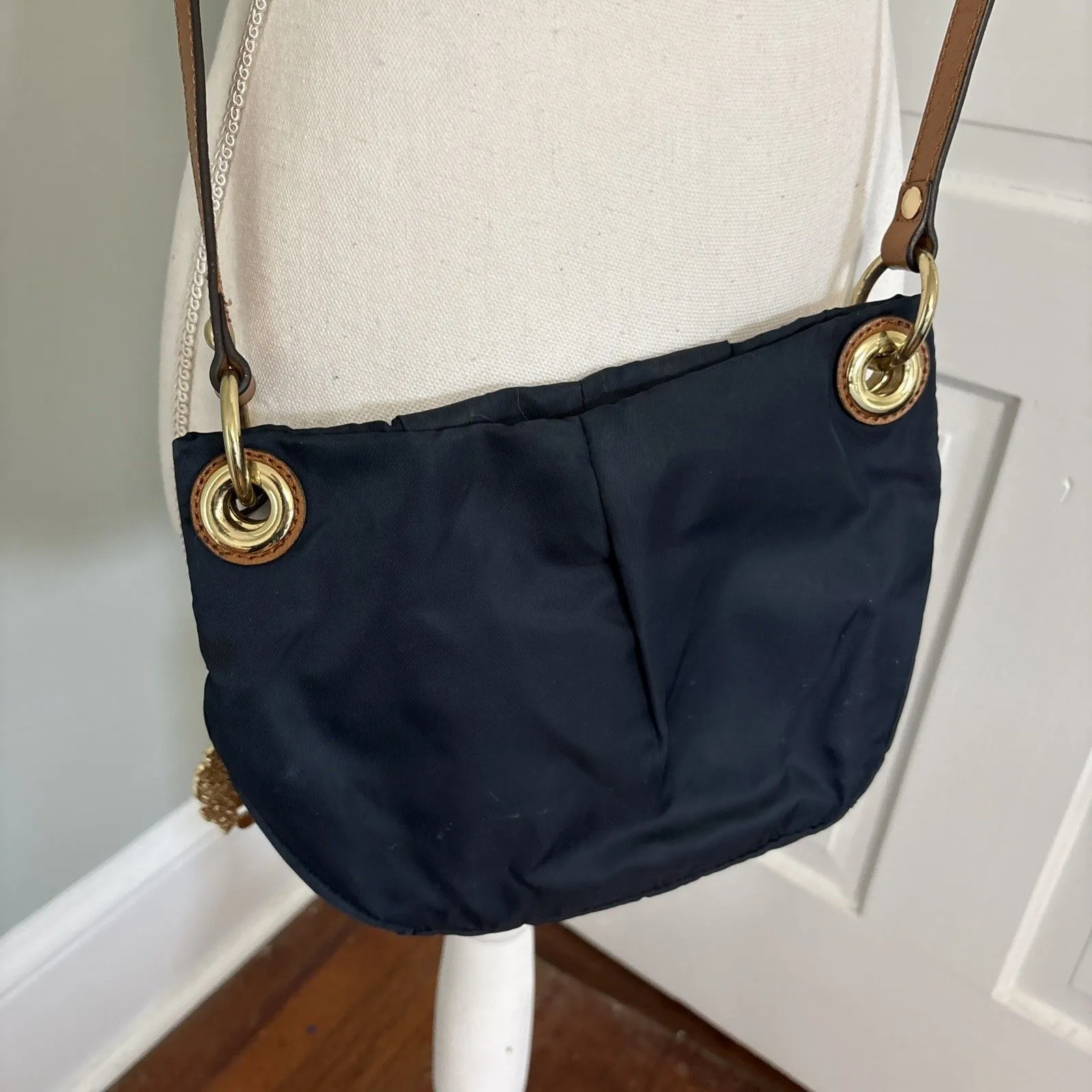 Vince Camuto Cris Blue Nylon Brown Leather Crossbody Tassel Bag Gold - Image 4