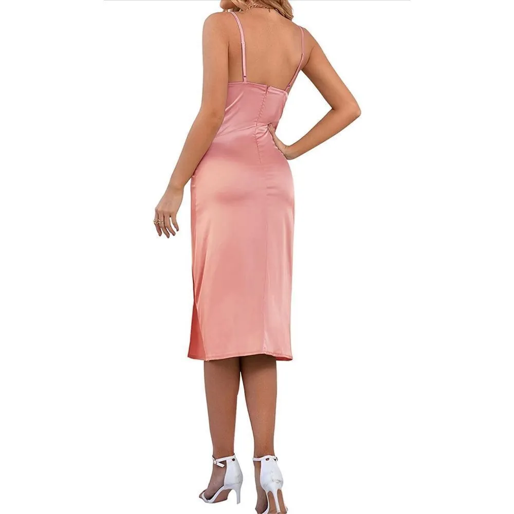 LYANER Satin Drape Cowl Neck Cami Split Slit Midi Dress M Pink Size M - Image 2