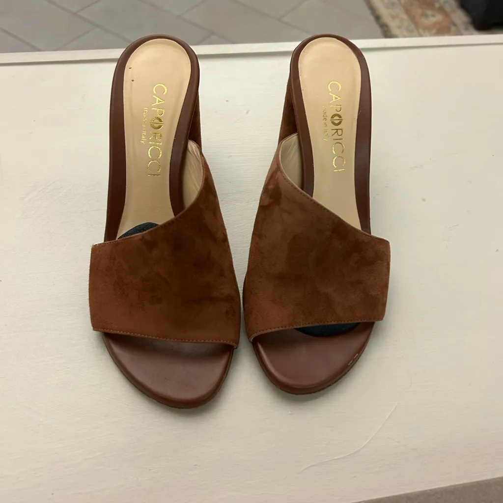 Heels CAPORICCI Chestnut Suede Women's Mules-made in Italy 38 1/2Vero Cuoio 81/2 - Image 2