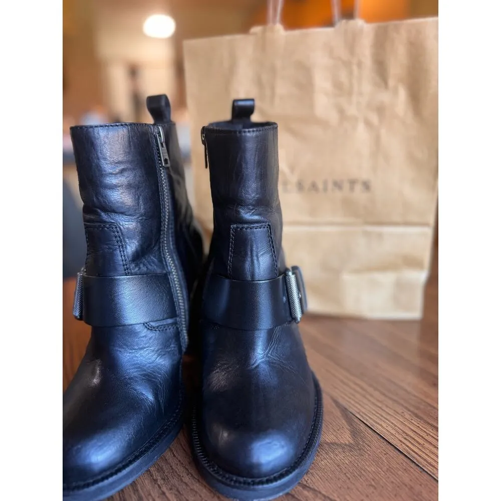 Allsaints Black Moto Shearling Fur Lined Boots Block Heels Chunky size 36 (US6) - Image 4