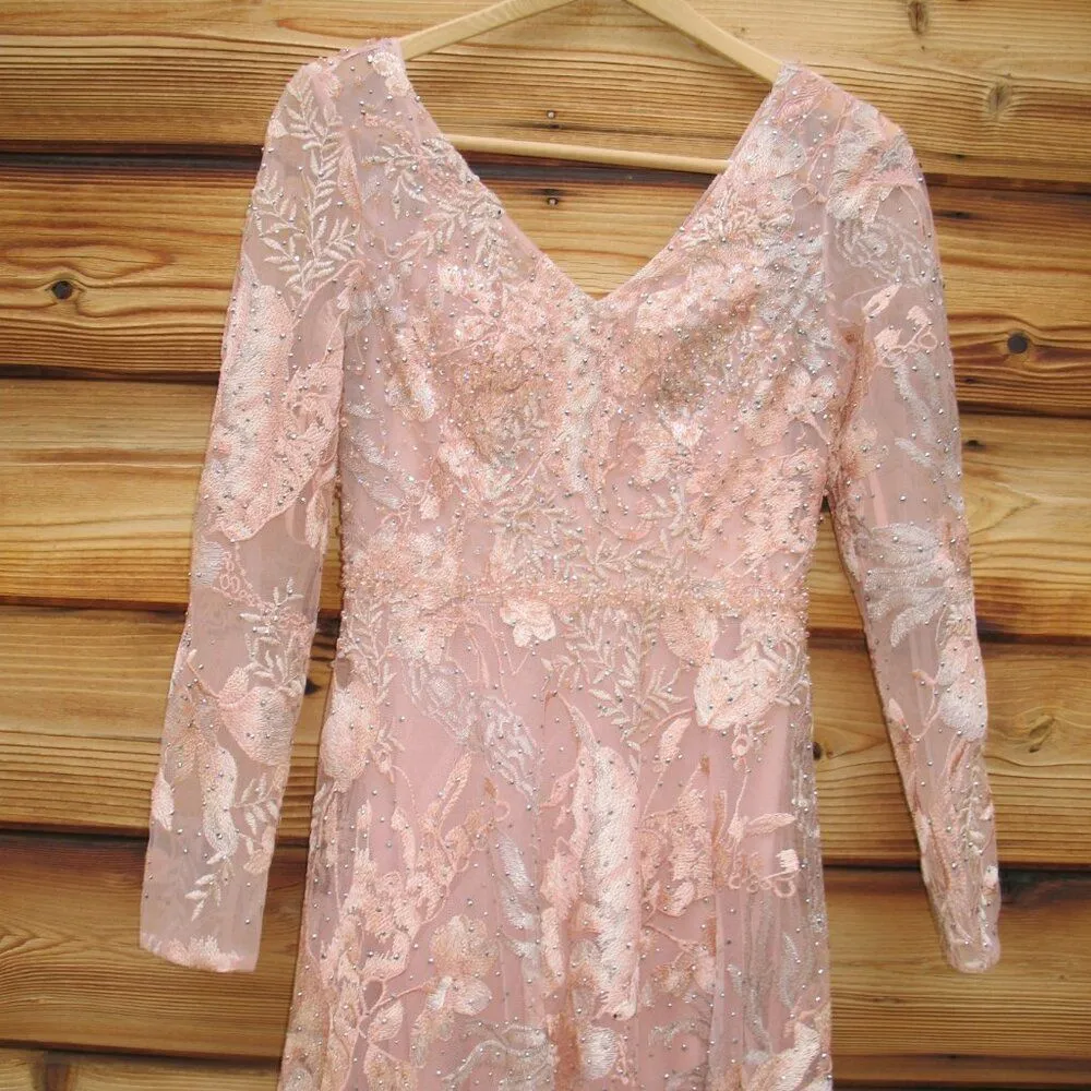 MAC DUGGAL  20214 Pink Embellished Long Sleeve V Neck A Line Gown - Image 7