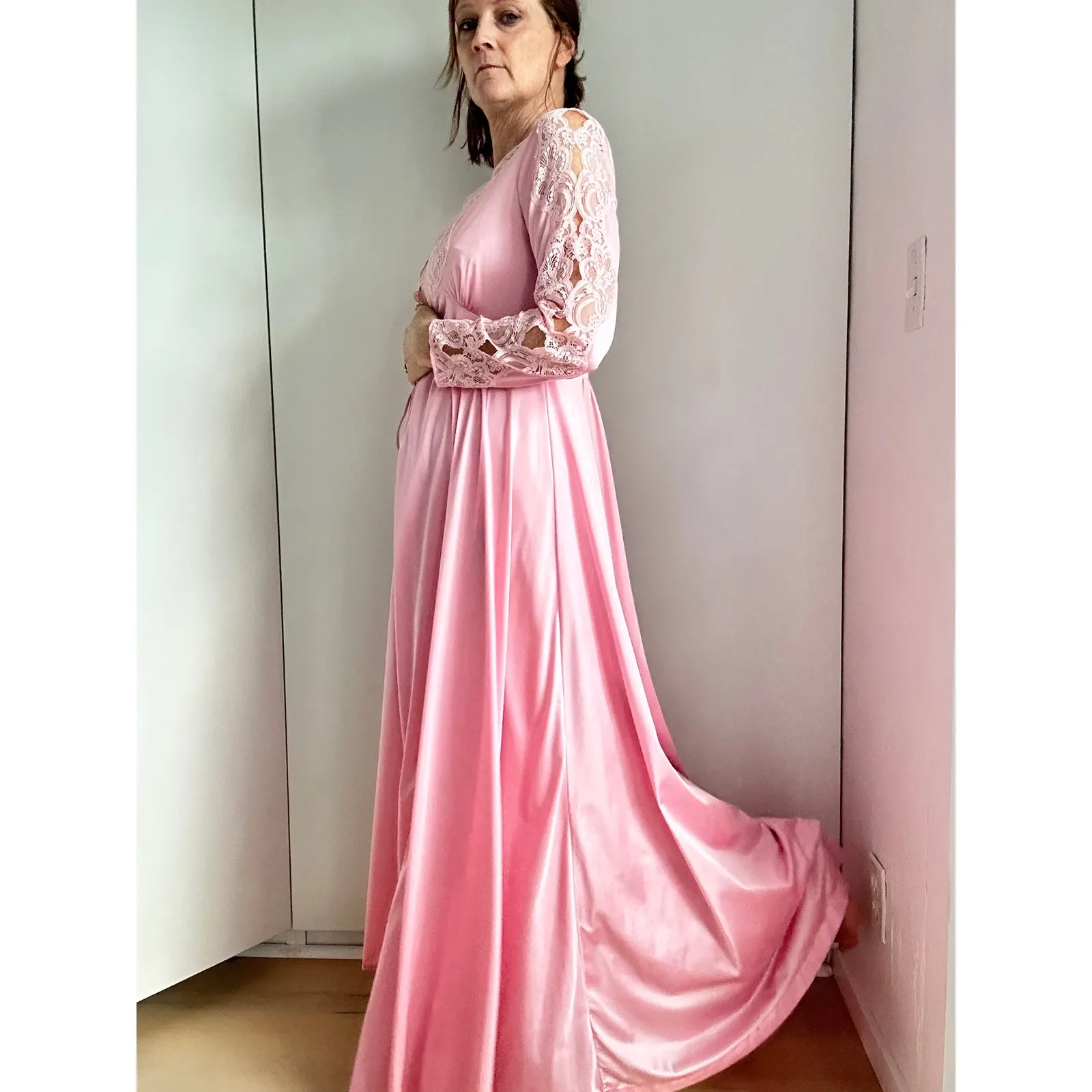 Vintage Lily of France Peignoir set Pink Nylon Union Made Wedding Night S Petite Size undefined - Image 3