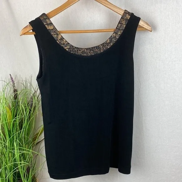 Chico’s Travelers Black Print Neck Sleeveless Ribbed Woven Tank Top 1 M - Image 3
