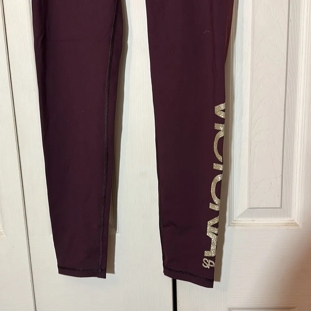 Victoria's Secret Sport Dark Purple Leggings Gold Glitter Writing Size Medium - Image 5