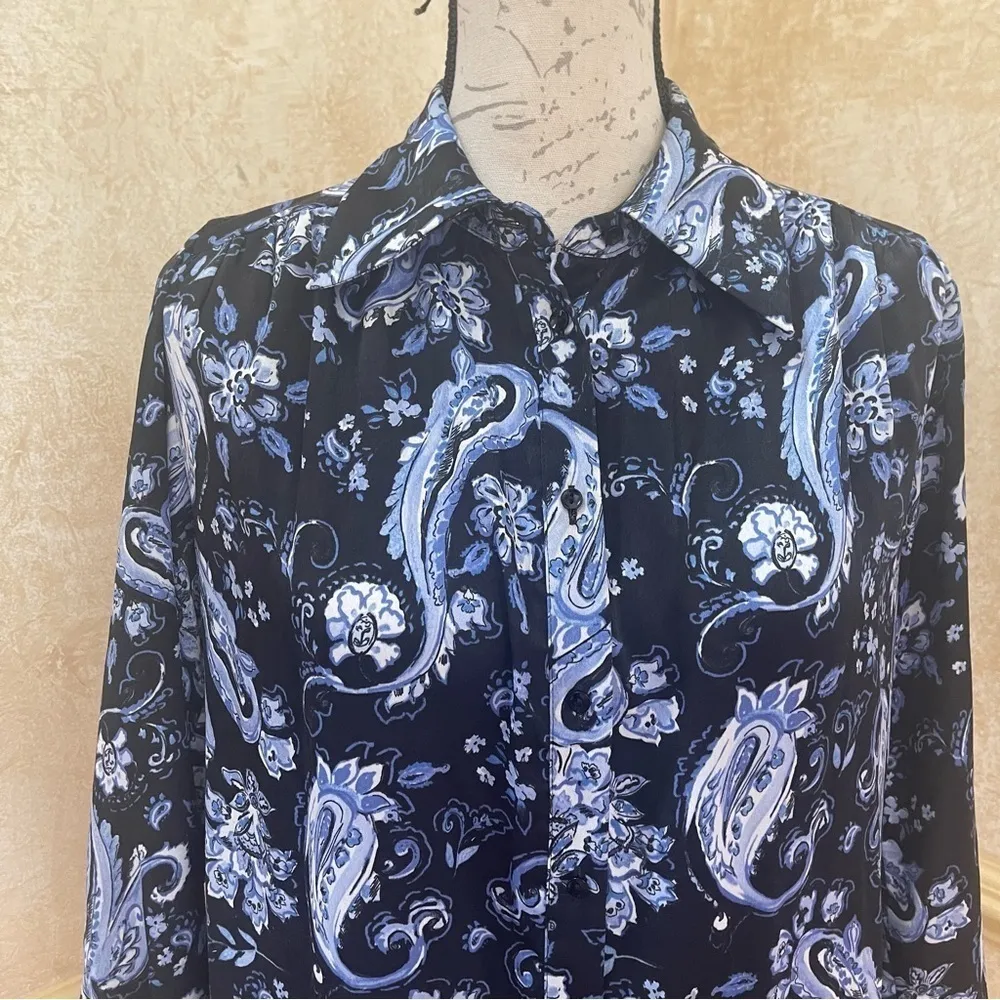 ZARA PRINTED SHIRT FLOUNCED DRESS BLUE BLACK PAISLEY PRINT LONG SLEEVES SZ S - Image 6