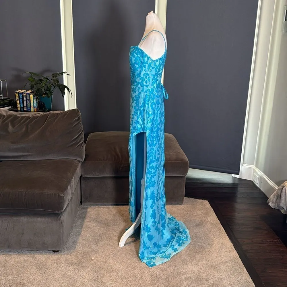 Women’s Blue Mermaid Fit Prom Party Formal Dress Sparkly Sequins Leg Slit Size 6 - Image 6