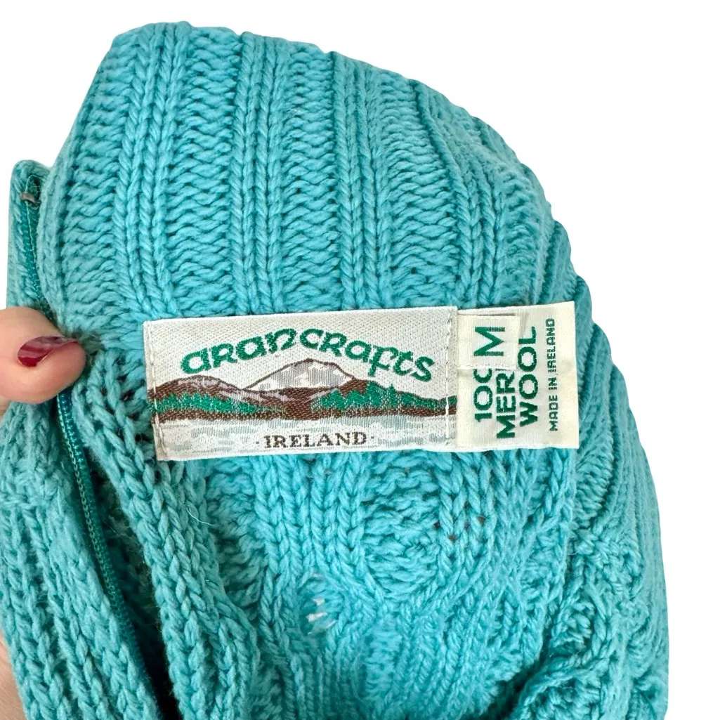 Aran Crafts 100% Merino Wool Turquoise Cable Knit 1/4 Zip Turtleneck Sweater Blue Size M - Image 6