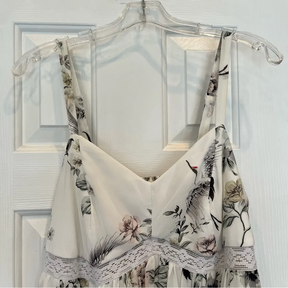 Torrid Maxi Sun Dress White Floral Bird Crane Print Tiered Size 00 Or 10 M/L Green - Image 11