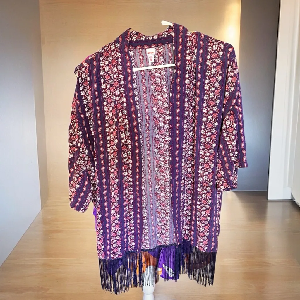 Bongo Blue Red White Scarf Print Fringe Kimono Jacket Women Juniors S/M - Image 4