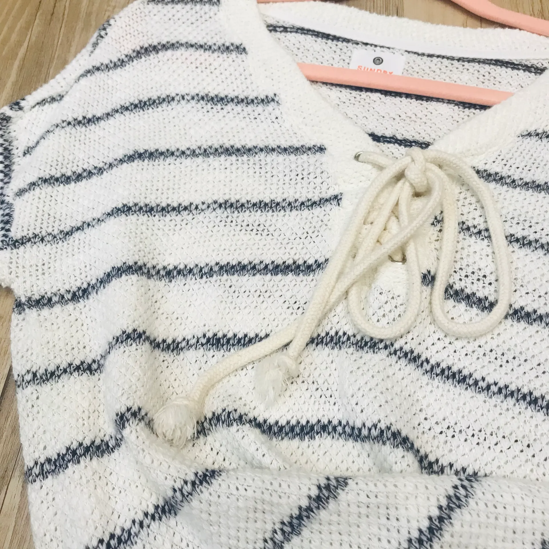 Striped Lace Up Sweater Natural White navy blue Size 1 small. - Image 9