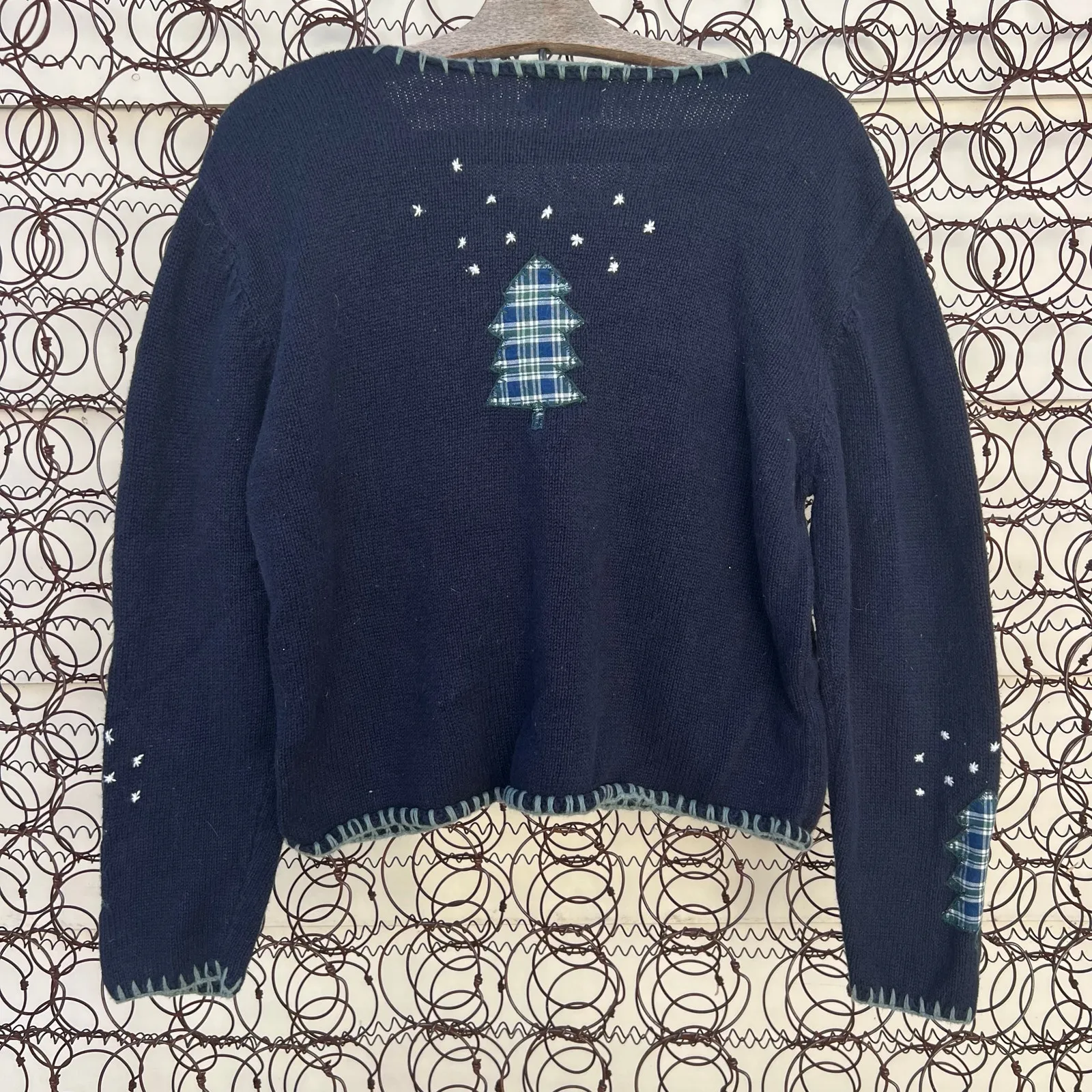VTG Christopher Banks americana plaid appliqué Christmas tree cardigan sweater Blue Size M - Image 2