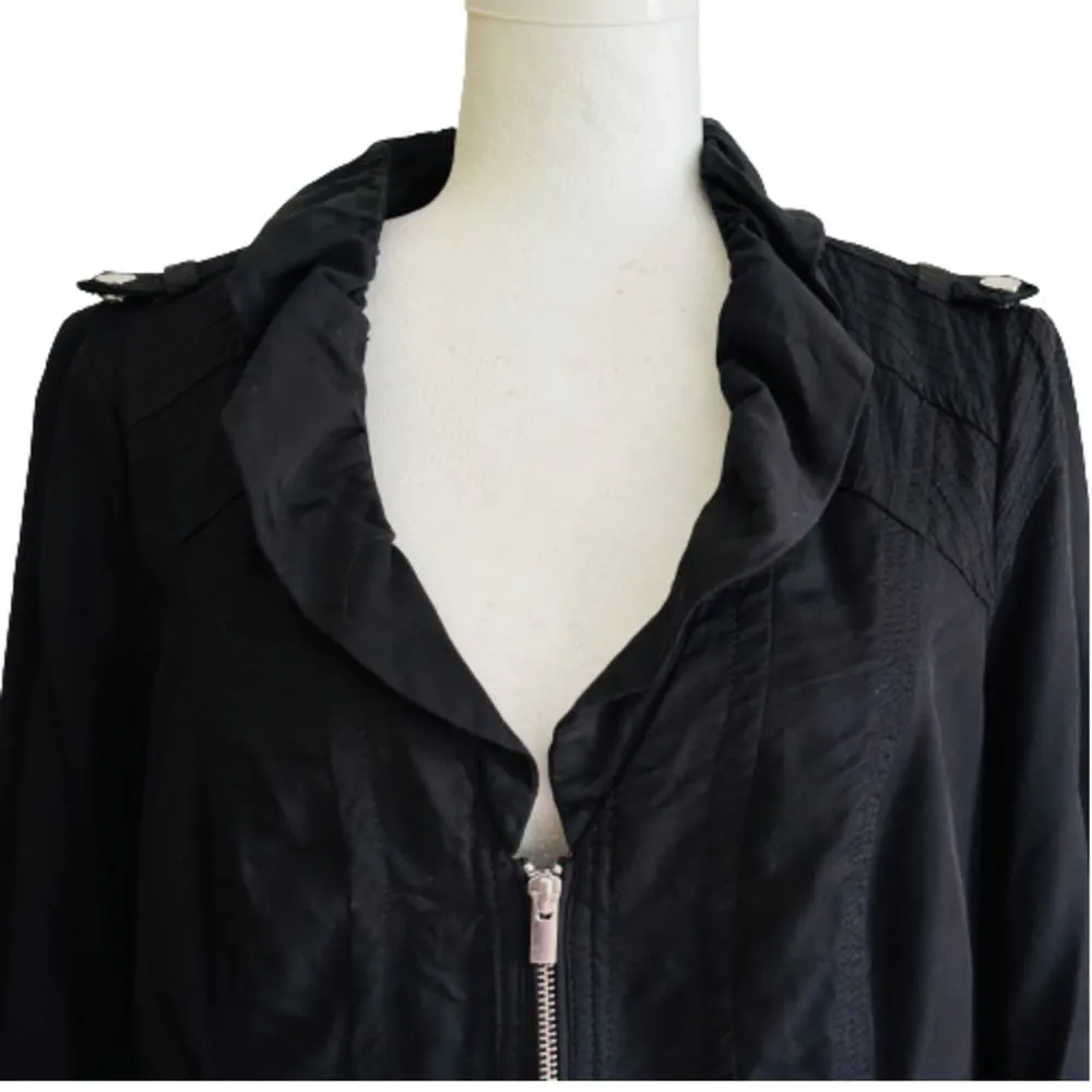 WHBM Jacket Black Zipper Front Ruffled Neck 3/4 Sleeve Utility Jacket Size 14 - Image 3