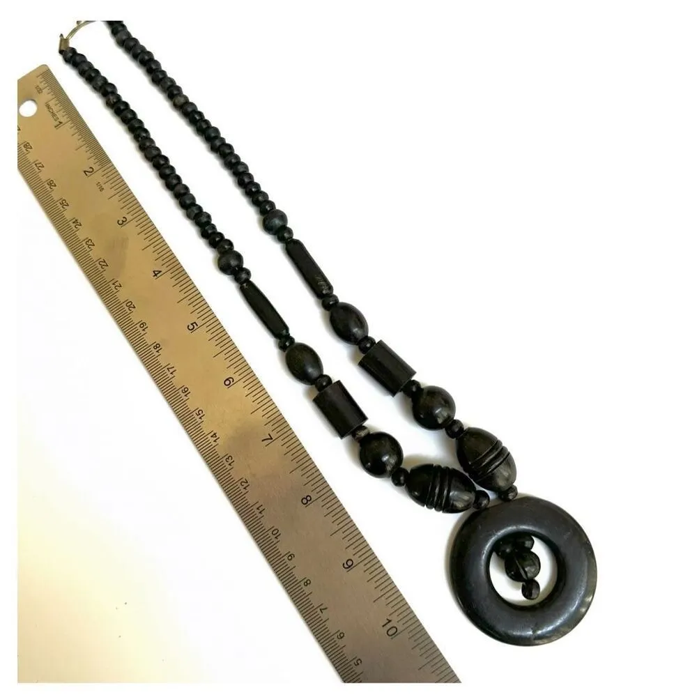 Vintage Scrimshaw Africa Buffalo Horn Tribal Pendant necklace Black - Image 7