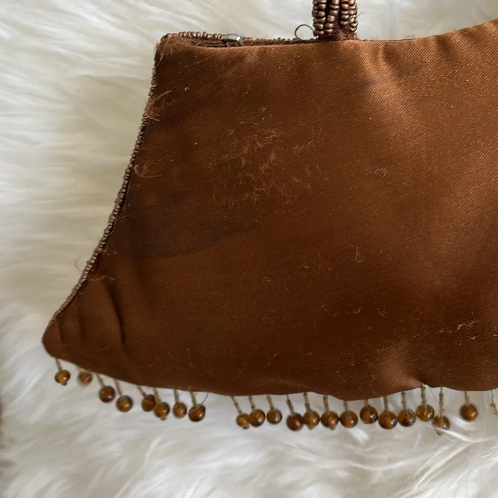 Vintage brown beaded fish scale triangle shape double handle satin handbag purse - Image 9