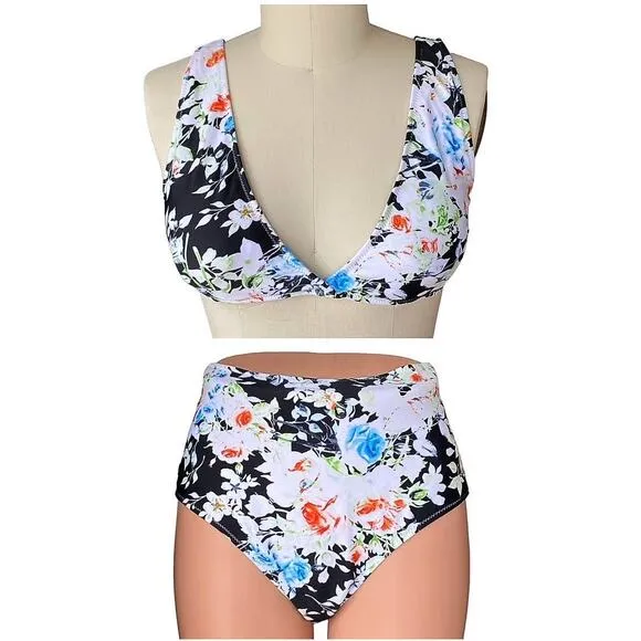 2 Piece Flower Bikini Floral Swimsuit Summer Bathing Suit ~ Womens Size LARGE - Image 2