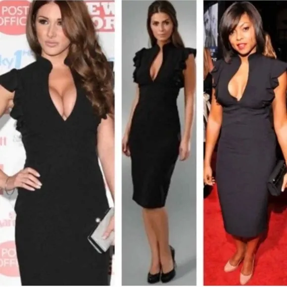 Black Halo Eva Ruffle Plunge Black Sheath Dress Size 4 - Image 3