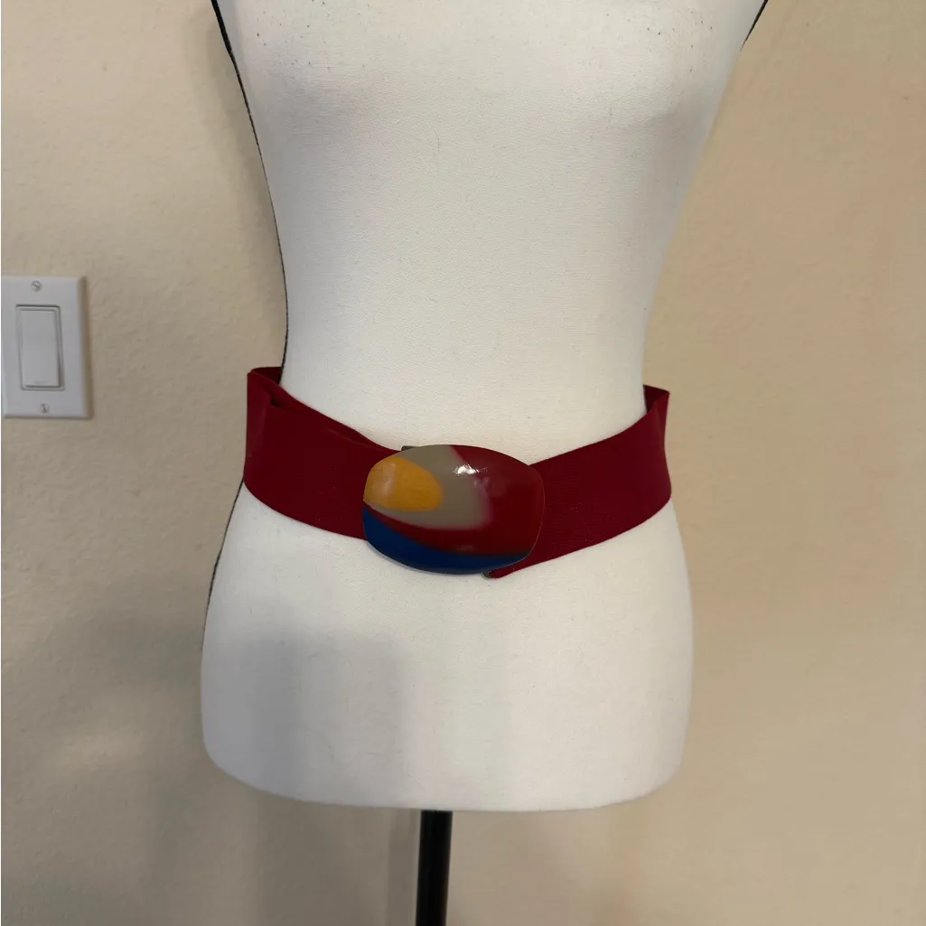 Vintage Wood Buckle Hook Stretch Elastic Abstract Y2K Artsy Belt Women’s Red - Image 2