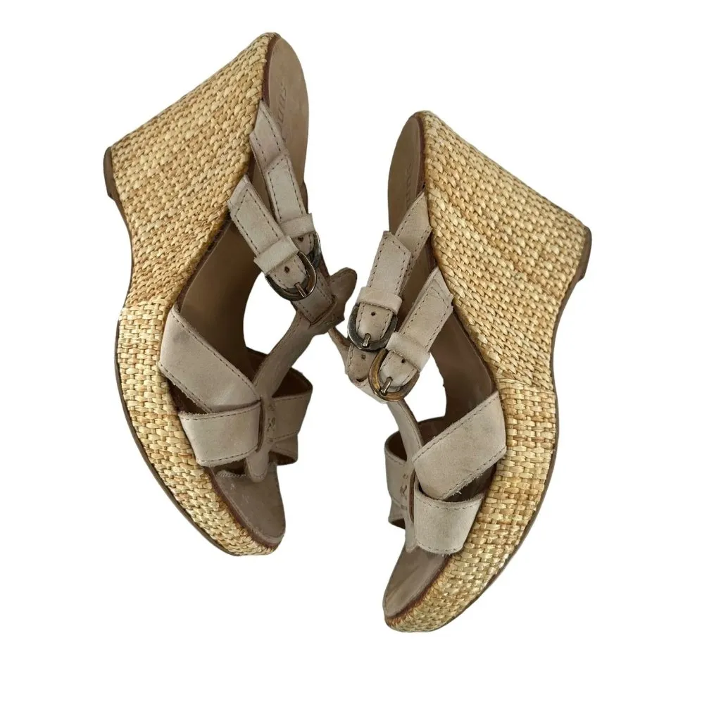 Sundance Beige Leather Open Toe Woven Wedge Heel Slides Size 38 Sandals Tan - Image 5