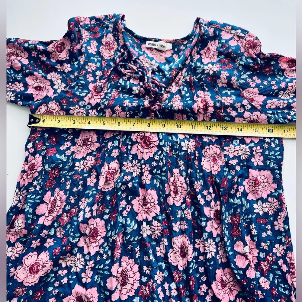 Billabong women long sleeve floral blue crinkle dress deep V neck with strings S - Image 5