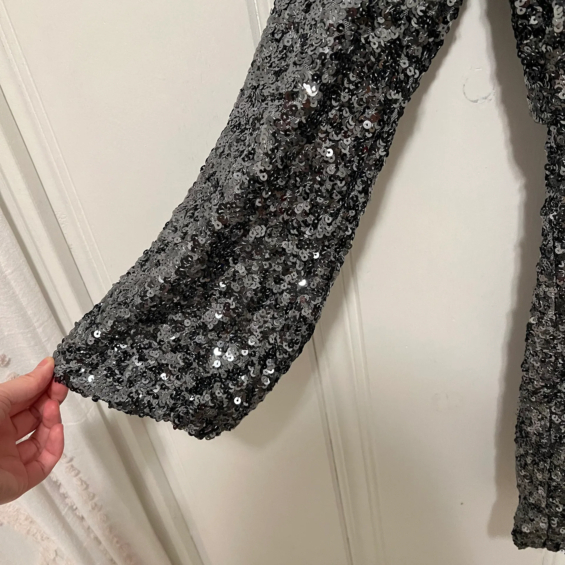 Anthropologie O.P.T. Silver Grey Sequin Deep V Neck Mini Party Clubbing Dress Size Small NWT - Image 3