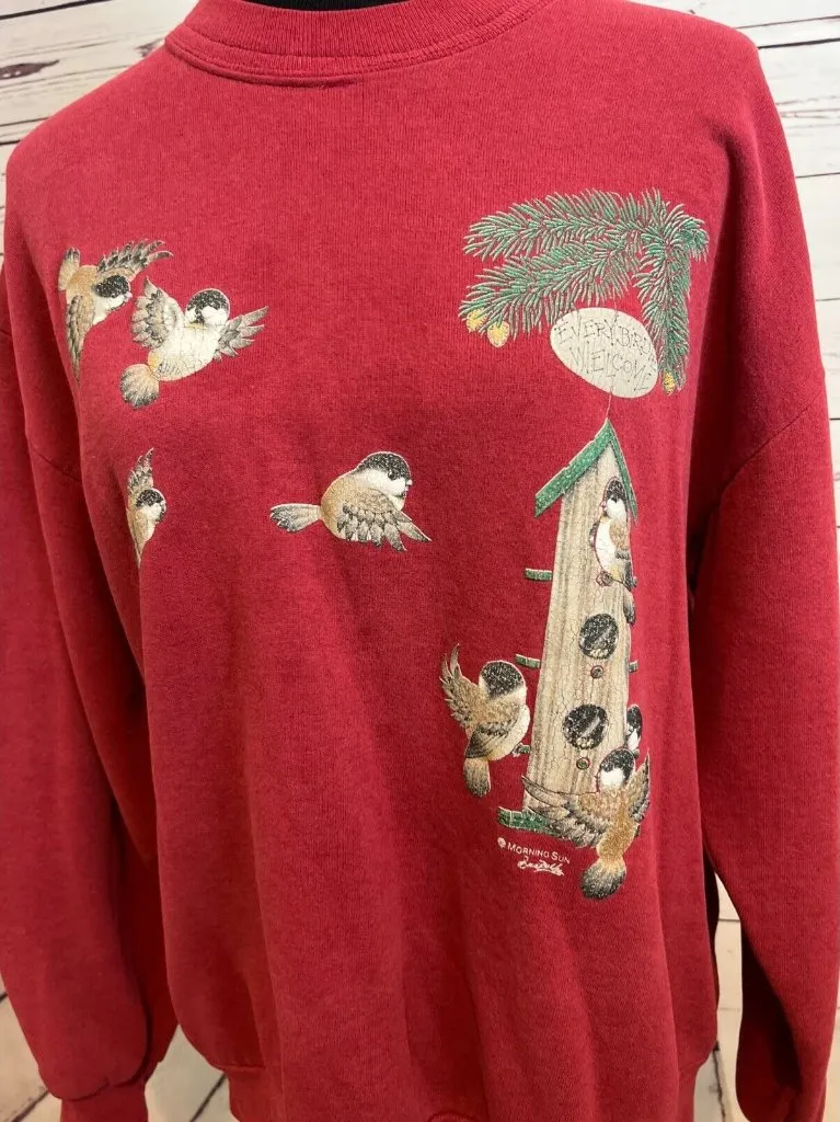 Morning Sun Sweatshirt Pullover Large Every Birdie Welcome Birds Vtg Vintage Red - Image 1