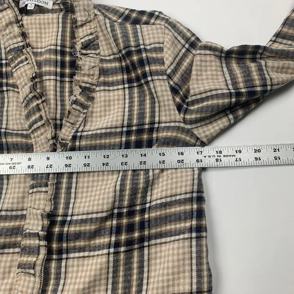 HEARTLOOM Womens Blouse Beige Navy Blue Black Small Plaid Flannel Long Sleeve - Image 6