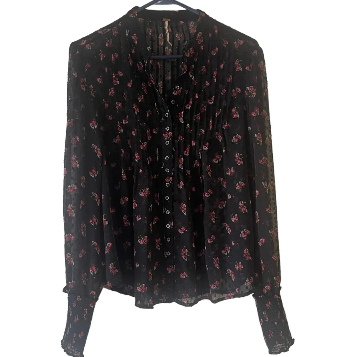 Free People‎ Women Size Small Flowers In December Smocked Sheer Swiss Dot Blouse - Image 2