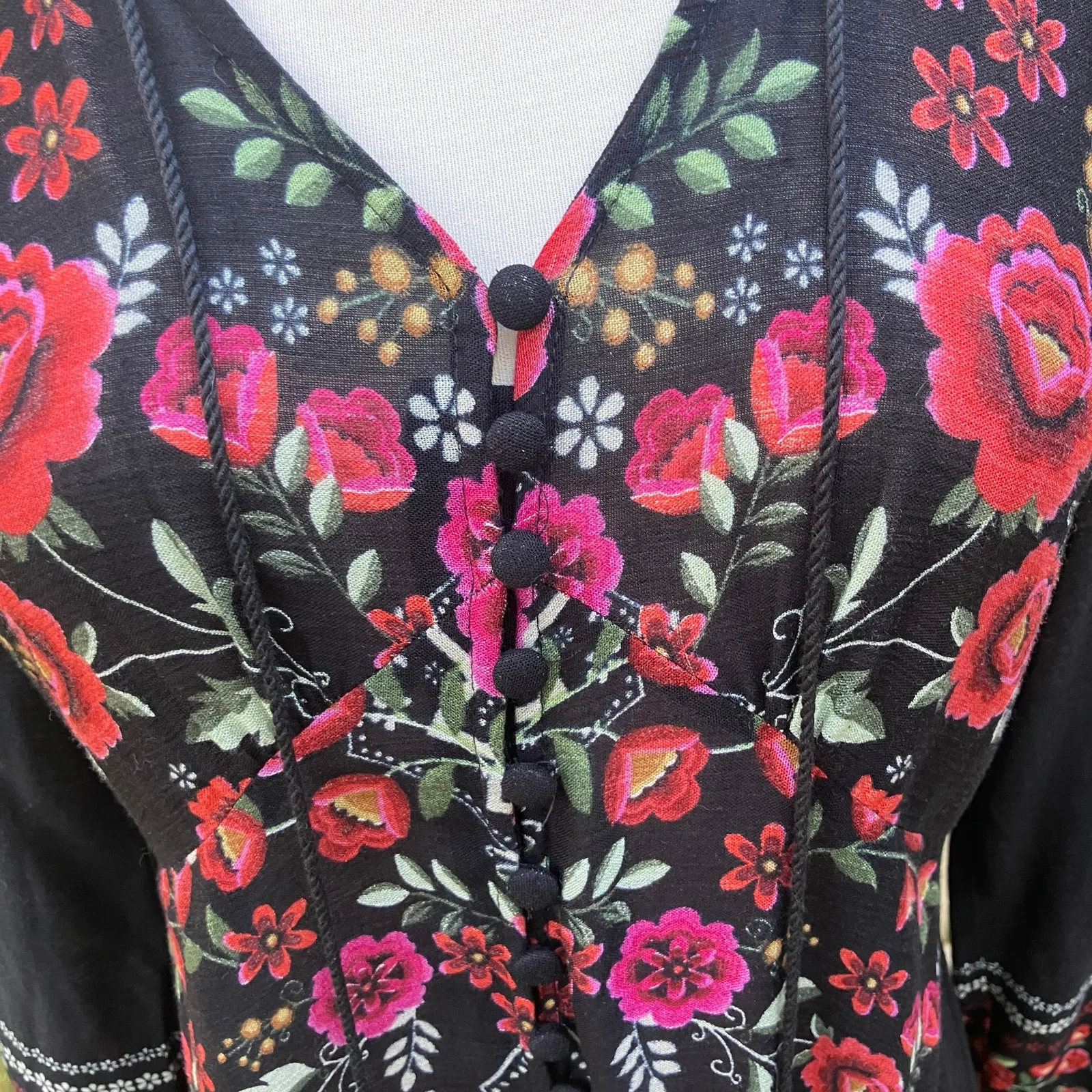 V. Cristina Mini Dress Sz Sm Black Floral Boho 3/4 Sleeve Whimsygoth Festival - Image 11