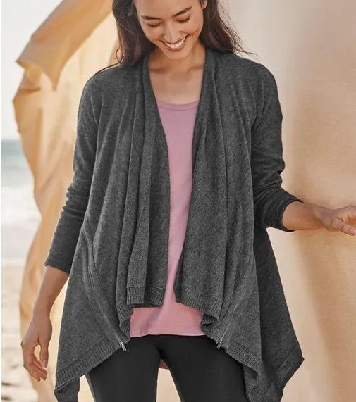 Garnet Hill Wool Linen Drape Front Open Cardigan Zipper Detail Pockets - Image 1