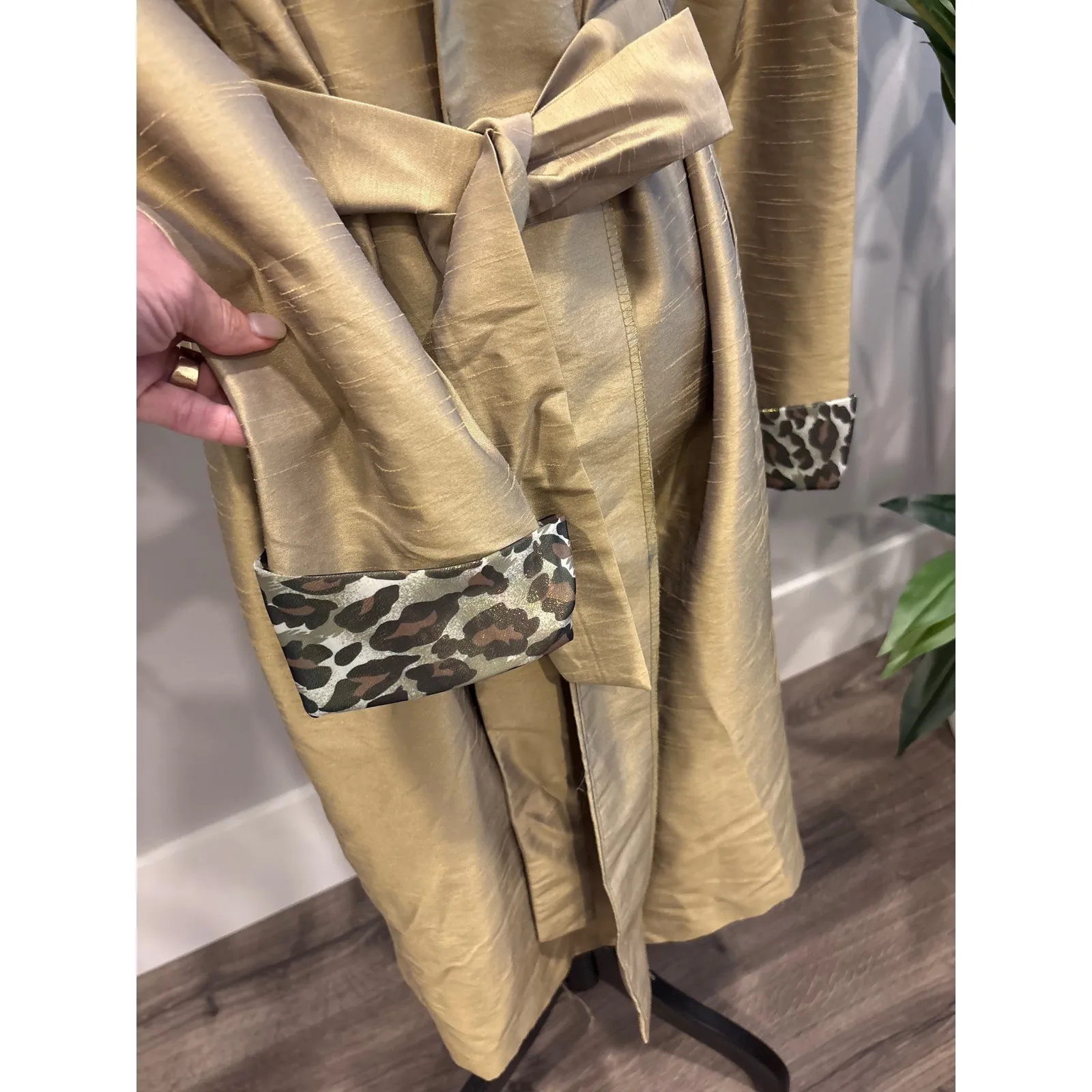 Ashley Stewart Womens Olive Green Leopard Trim Trench Coat Belted Duster - Image 2