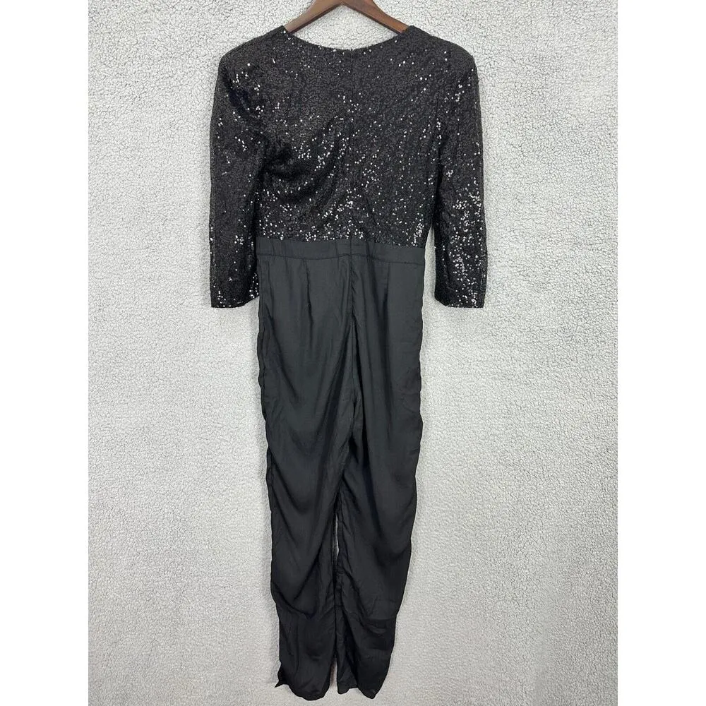 Xtaren Black Sequin Jumpsuit Women's Small Deep V Neck Party Evening Romper Glam - Image 3