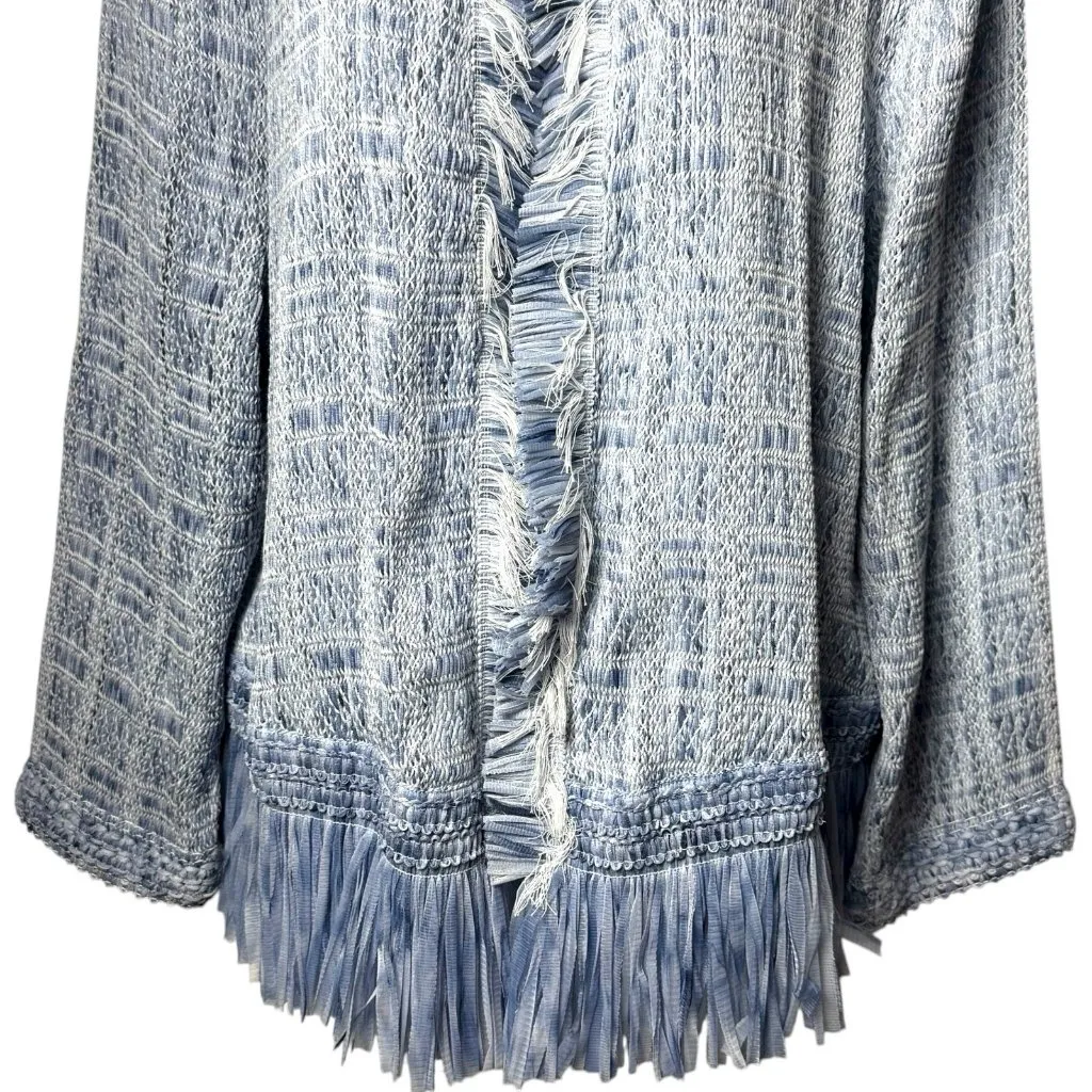 NEW WHBM Blue Tweed Fringe Open Front Jacket Old Money Career Preppy XL - Image 4