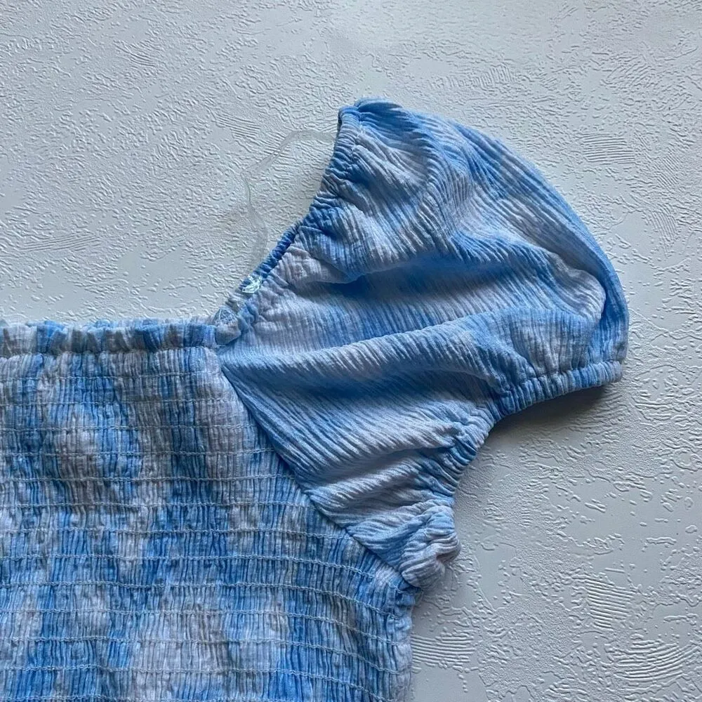 LUSH Blue White Smocked Ruffle Crop Top Size Large | Puff Sleeve Peasant Top - Image 5