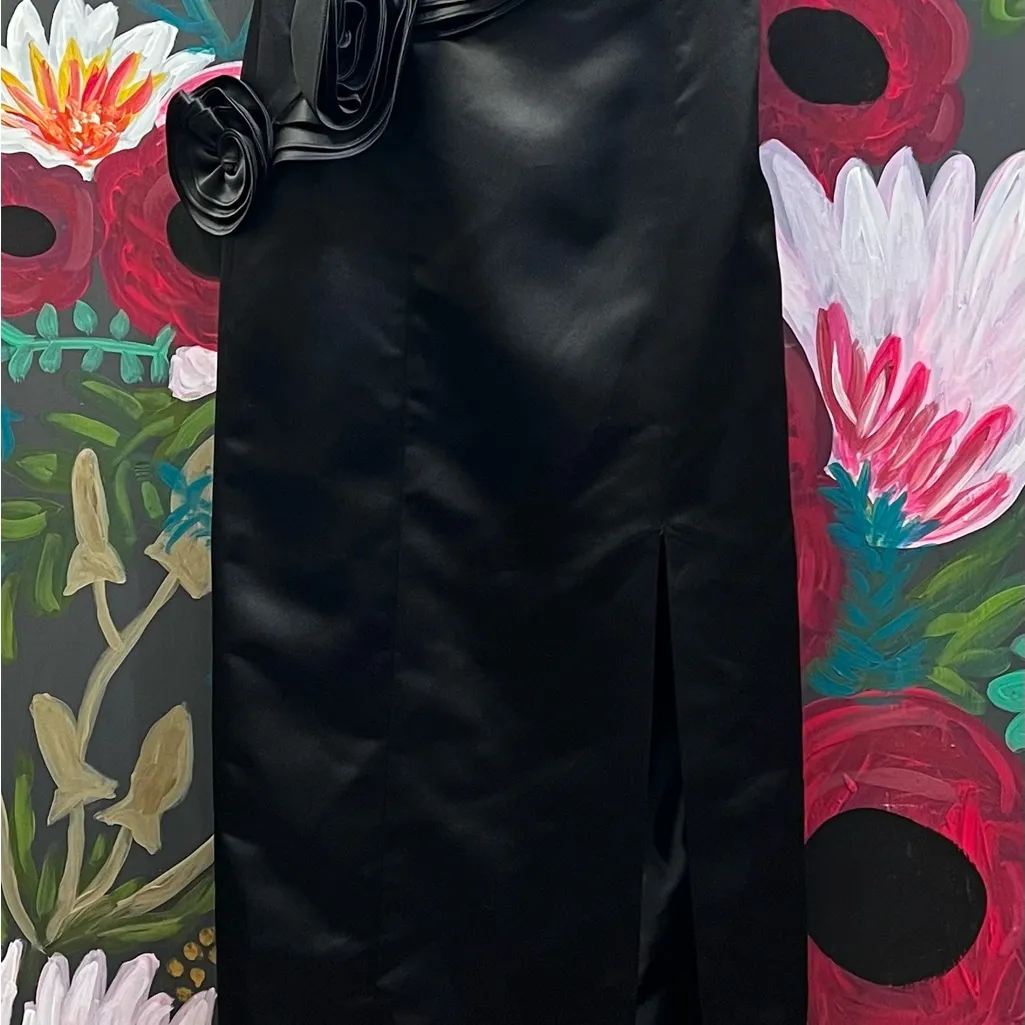 Calvin Klein Y2K Black Strapless Evening Gown Rosette Slit Red Carpet Dress 6 - Image 5