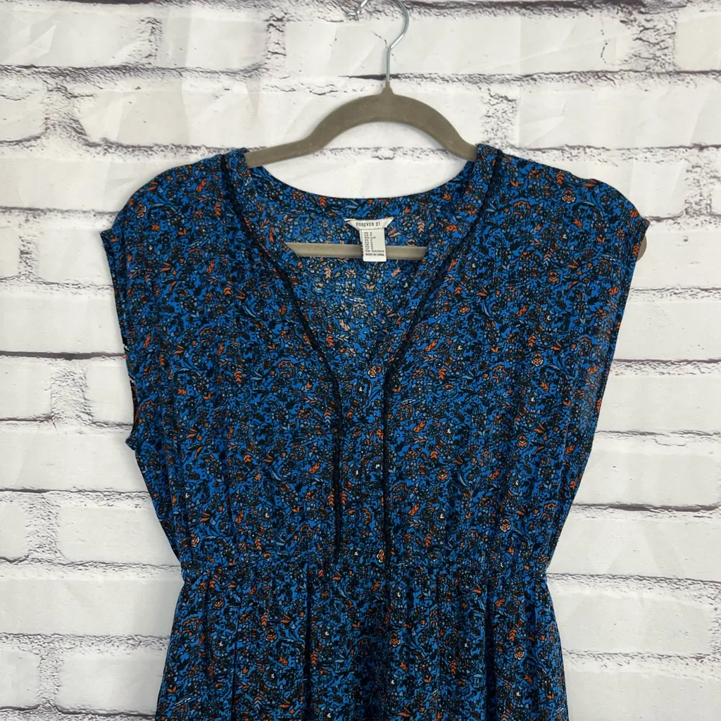 Forever 21 Blue Boho Floral Blouse Women’s Small Cap Sleeve Peplum Tunic Top Y2K - Image 5