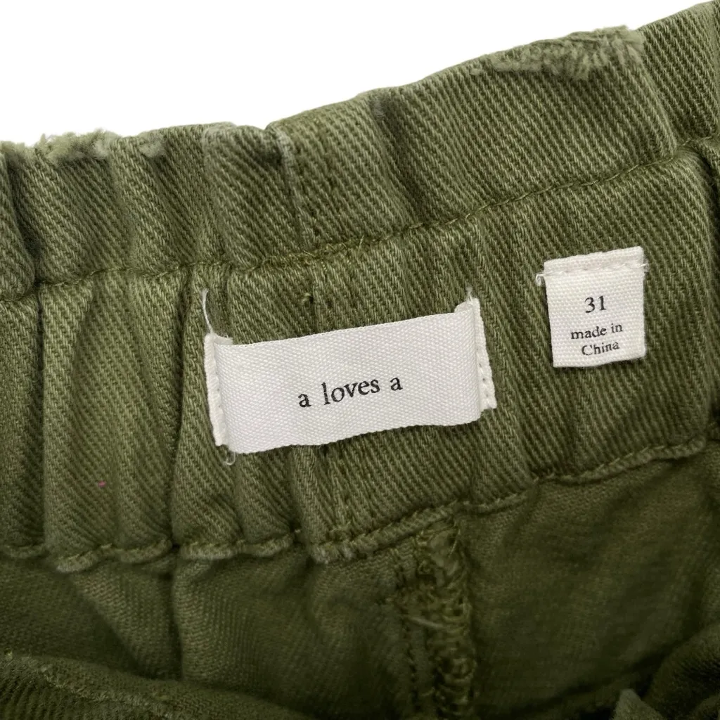 A Loves A Olive Green High Waisted Paperbag Elastic Waist Denim Shorts - Image 7