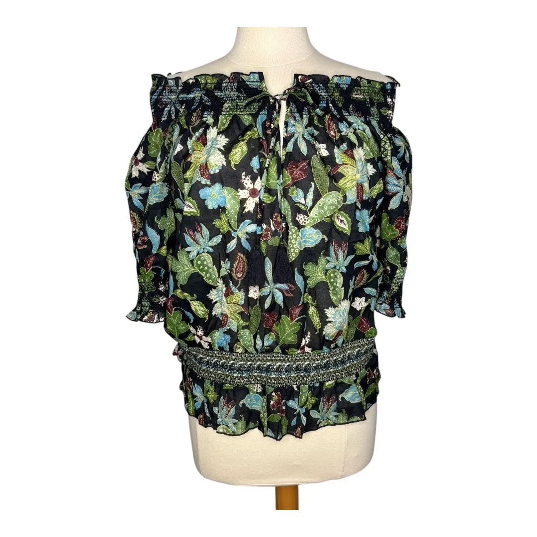 Tory Burch Fantasia Floral Print Off Shoulder Smocked Top Boho Women Size‎ 4 - Image 2