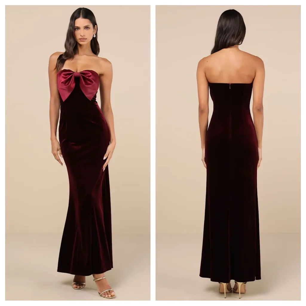 Lulus Dramatic Stunner Burgundy Velvet Bow Strapless Maxi Dress - Image 2