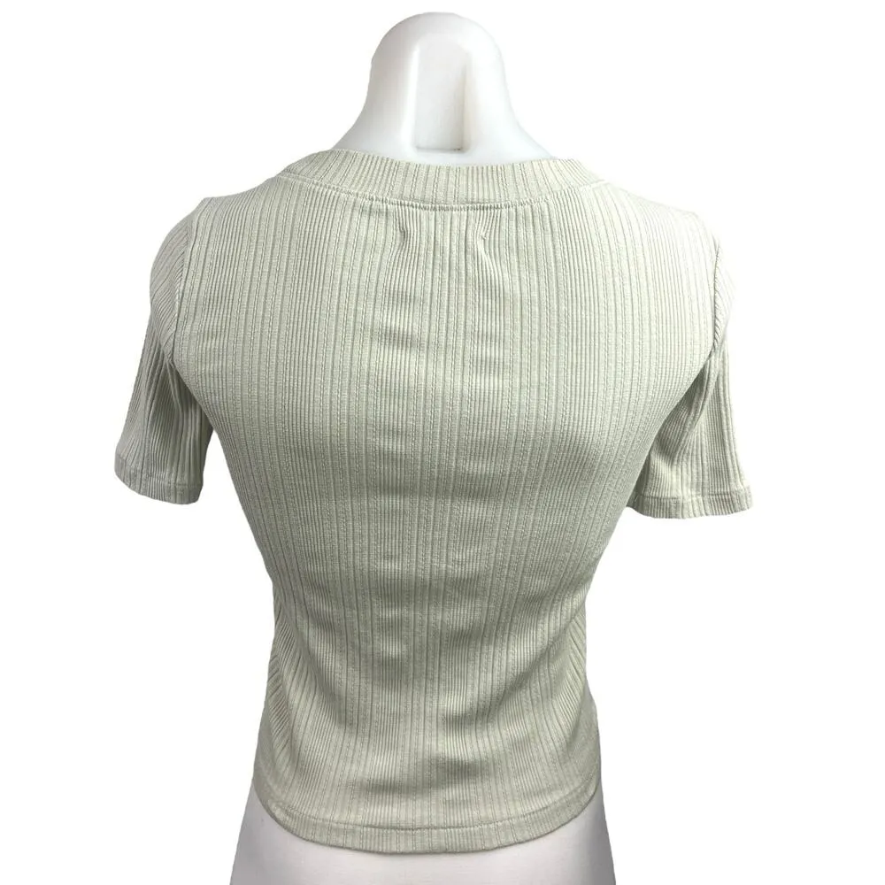 Madewell Green Knit Ribbed Vneck Soft Short Sleeve Button Down Cardigan Top XXS - Image 2