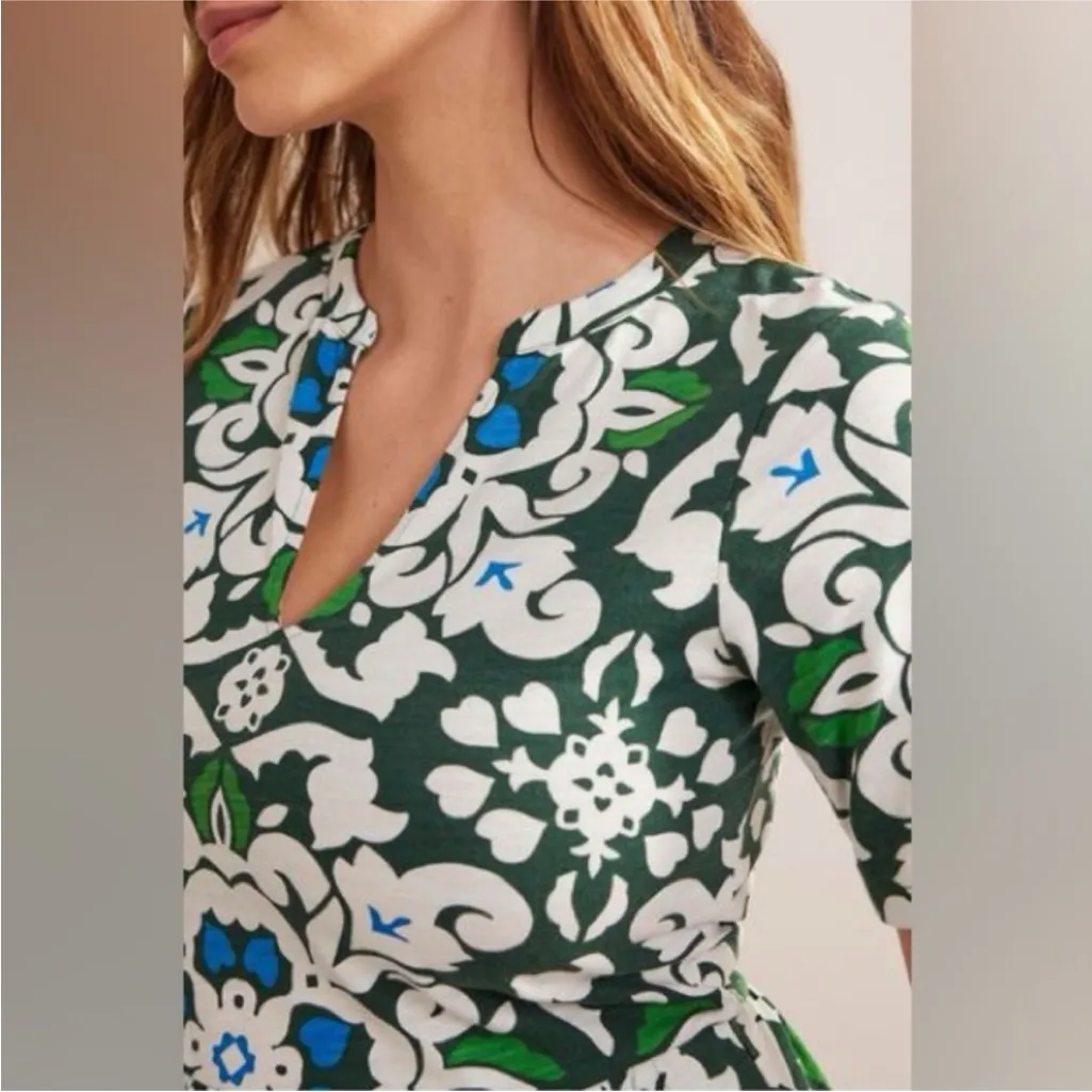 Boden Easy Notch Neck Jersey Dress 100% Cotton Green Blue Floral Size 4 - Image 4